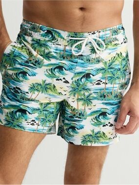 Trinity White Swim Trunks with Green and Blue Tropical Print